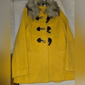 Divided Mustard Toggle Coat with Faux Fur
